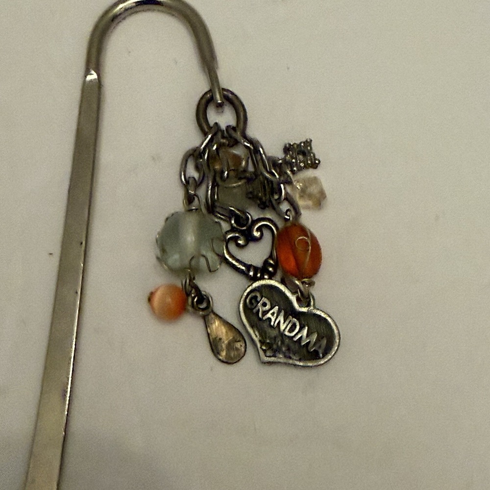 6" Metal Bookmark with Dangling Beads And Silver Grandma Heart